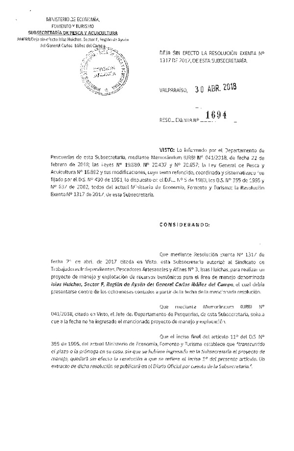 Res. Ex. N° 1694-2018 Deja sin Efecto Res. Ex. N° 1317-2017.