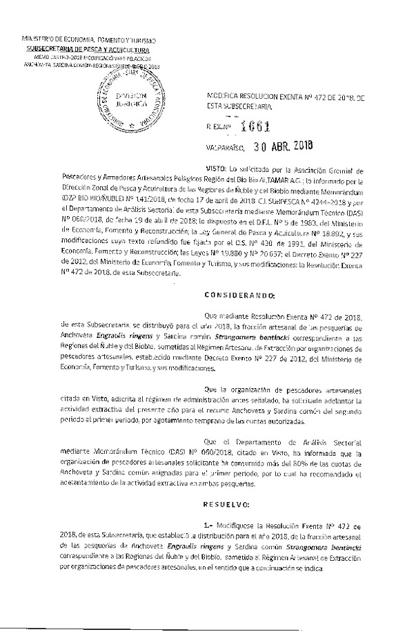 Res. Ex. N° 1661-2018 Modifica Res. Ex. N° 472-2018 Distribución de la fracción artesanal de pesquería de anchoveta y sardina común. (Publicado en Página Web 03-05-2018)