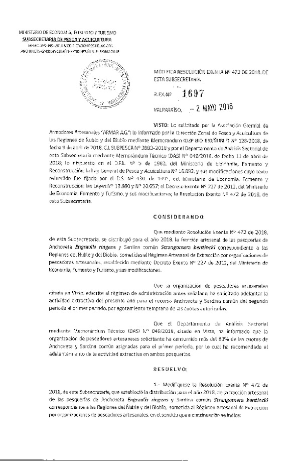 Res. Ex. N° 1697-2018 Modifica Res. Ex. N° 472-2018 Distribución de la fracción artesanal de pesquería de anchoveta y sardina común. (Publicado en Página Web 03-05-2018)