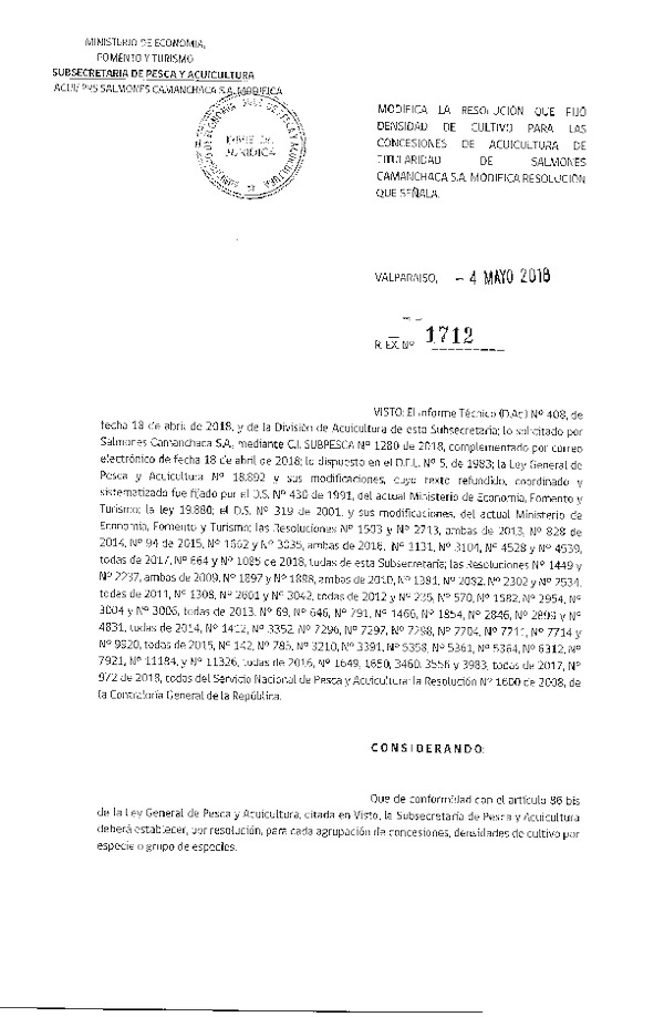 Res. Ex. N° 1712-2018 Modifica Res. Ex. N° 4539-2017 Fija Densidad de Cultivo para las Concesiones de Acuicultura que Indica. (Con Informe Técnico) (Publicado en Página Web 07-05-2018)