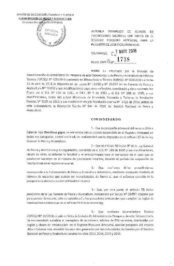 Res. Ex. Nº 1738-2018 Autoriza Reemplazo de Número de Inscripciones Vacantes que Indica en el Registro Pesquero Artesanal para la Pesquería de Jibia o Calamar Rojo. (Publicado en Página Web 07-05-2018) (F.D.O. 12-05-2018)