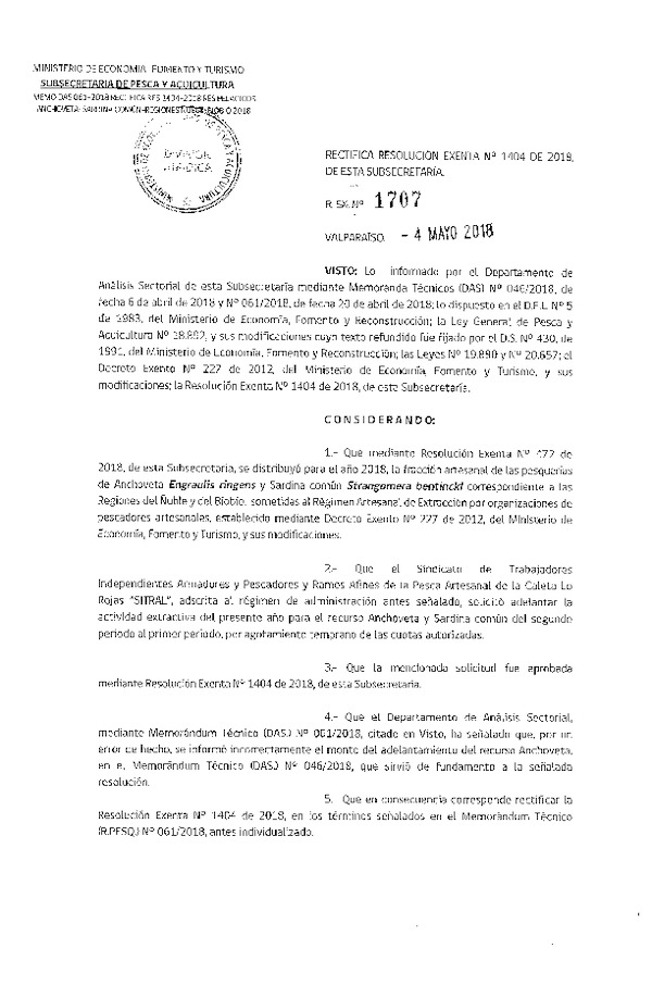 Res. EX. N° 1707-2018 Rectifica Res. Ex. N° 1404-2018 Modifica Res. (Publicado en Página Web 07-05-2018)