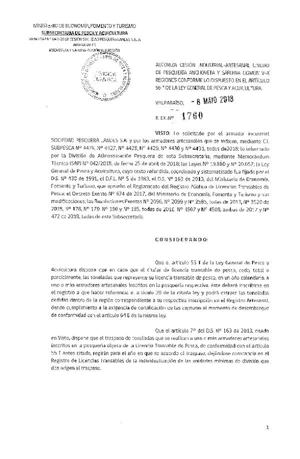 Res. Ex. N° 1760-2018 Autoriza cesión anchoveta y sardina común Región del Biobío.