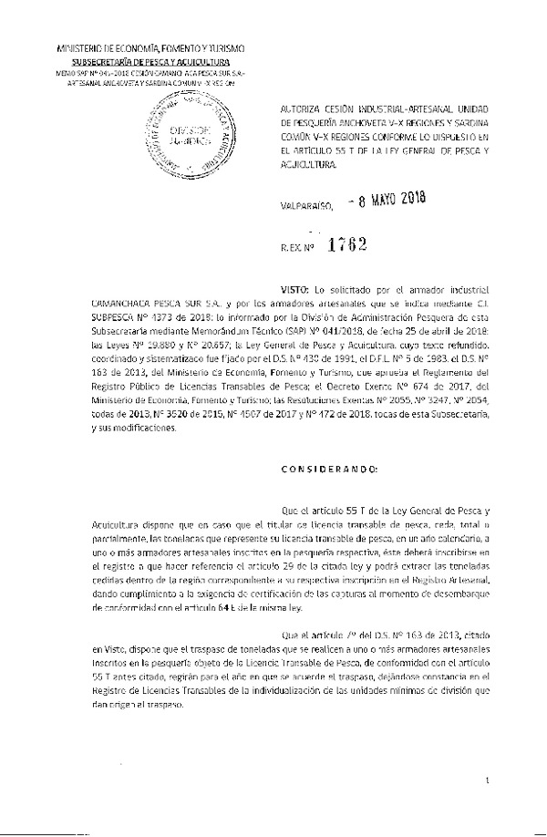 Res. Ex. N° 1762-2018 Autoriza cesión anchoveta y sardina común Región del Biobío.