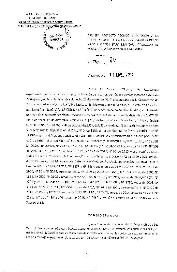 Res. Ex. N° 50-2018 Aprueba proyecto técnico y autoriza para realizar actividades de acuicultura experimental en área de manejo Ñague, IV Región.