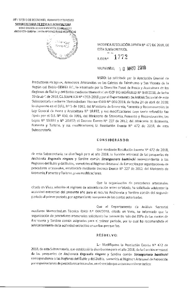 Res. Ex. N° 1772-2018 Modifica Res. Ex. N° 472-2018 Distribución de la fracción artesanal de pesquería de anchoveta y sardina común. (Publicado en Página Web 11-05-2018)