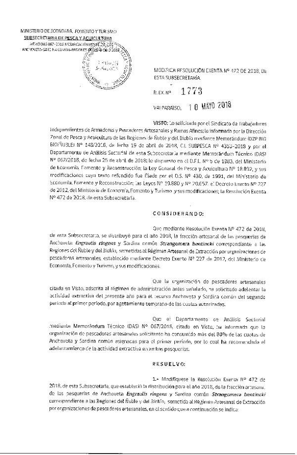 Res. Ex. N° 1773-2018 Modifica Res. Ex. N° 472-2018 Distribución de la fracción artesanal de pesquería de anchoveta y sardina común. (Publicado en Página Web 11-05-2018)