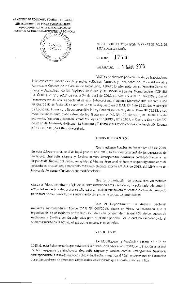 Res. Ex. N° 1775-2018 Modifica Res. Ex. N° 472-2018 Distribución de la fracción artesanal de pesquería de anchoveta y sardina común. (Publicado en Página Web 11-05-2018)