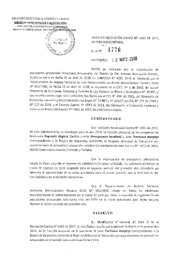 Res. Ex. N° 1776-2018 Modifica Res. Ex. N° 4493-2017 Distribución de la fracción artesanal anchoveta, sardina común y jurel, V Región, año 2018. (Publicado en Página Web 11-05-2018)