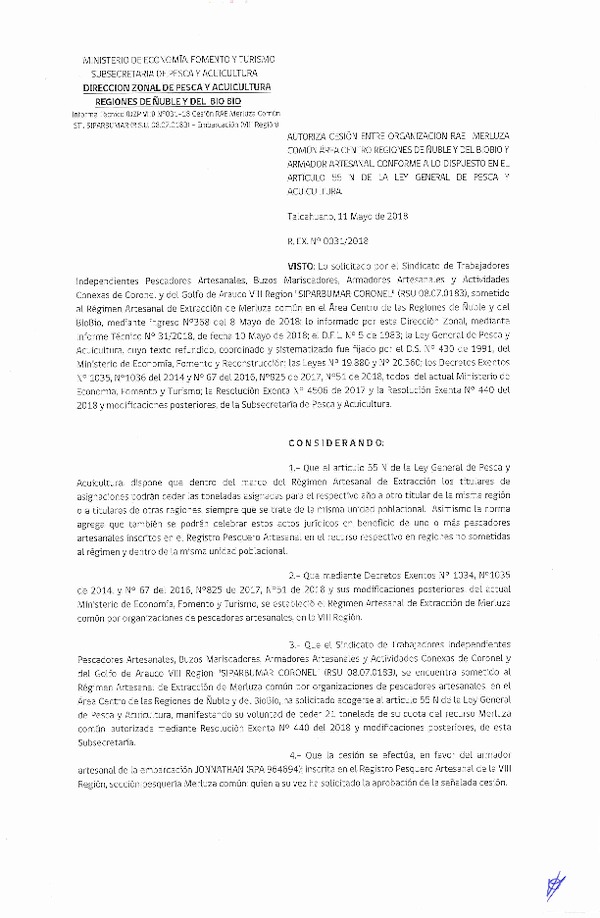 Res. Ex. N° 31-2018 (DZP VIII) Autoriza Cesión Merluza común, Regiones de Ñuble y del Biobío.