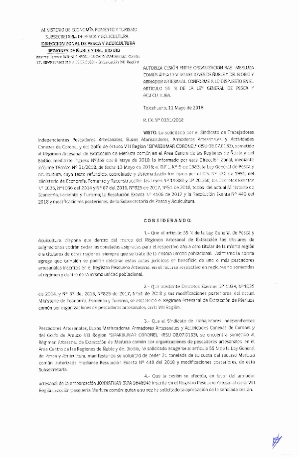 Res. Ex. N° 31-2018 (DZP VIII) Autoriza Cesión Merluza común, Regiones de Ñuble y del Biobío.