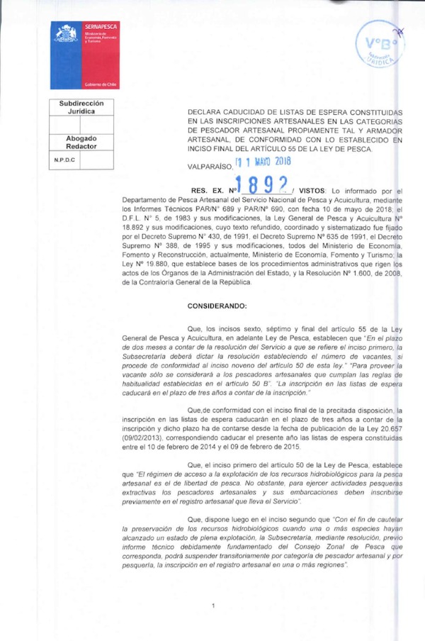 Res. Ex. N° 1892-2018 (Sernapesca) Caducidad de lista de espera constituidas en las inscripciones artesanales de conformidad con lo establecido en el inciso final del artículo 55 de la Ley General de Pesca y Acuicultura.