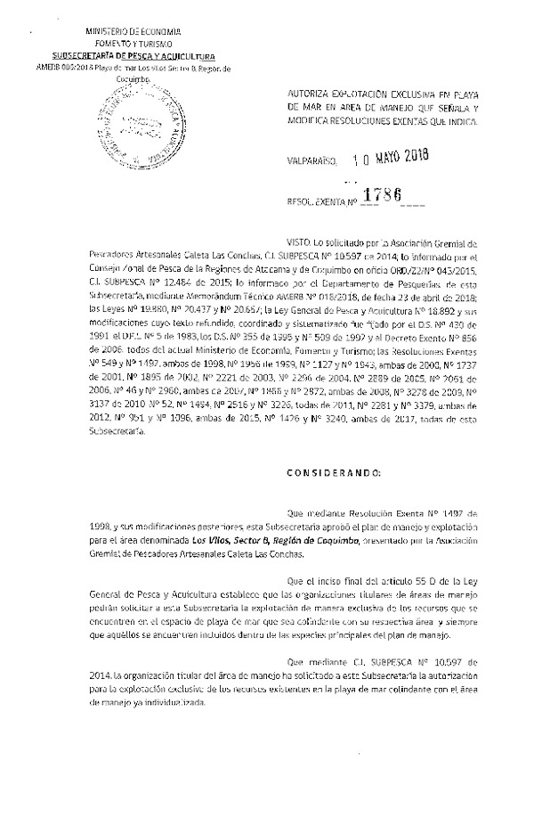 Res. Ex. N° 1786-2018 Autoriza Explotación Exclusiva en Playa de Mar.