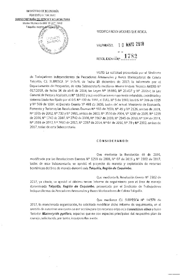 Res. Ex. N° 1782-2018 Modifica Res. Ex. N° 49-2001.