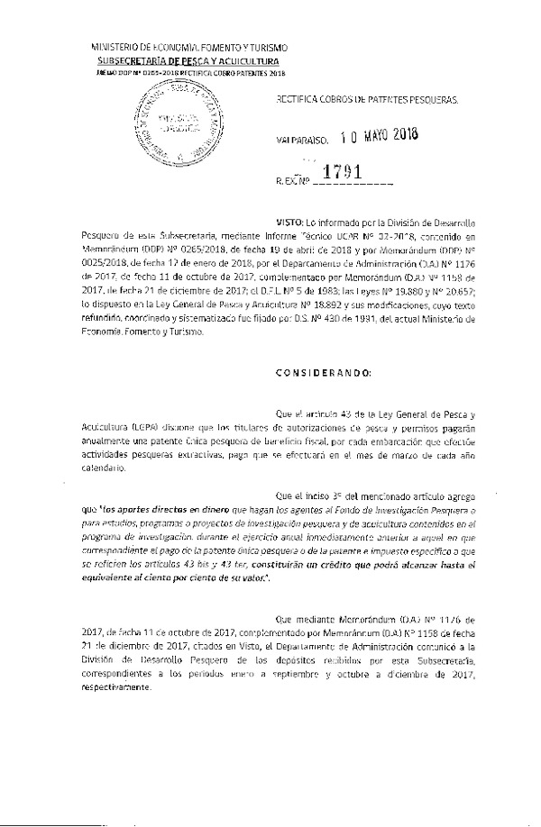 Res. Ex. N° 1791-2018 Rectifica Cobro de Patentes Pesqueras.