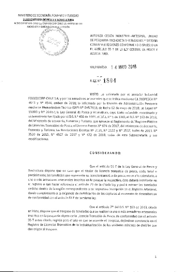 Res. Ex. N° 1804-2018 Autoriza cesión anchoveta Región del Biobío.