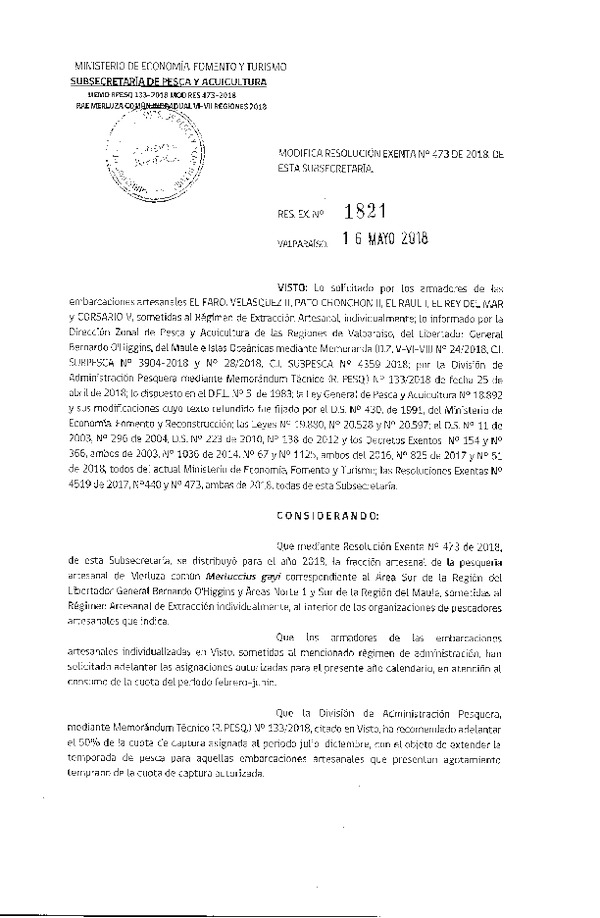 Res. Ex. N° 1821-2018 Res. Ex. N° 473-2018 Distribución de la fracción artesanal de pesquería de merluza común individual en áreas que indica, año 2018. (Publicado en Página Web 16-05-2018)