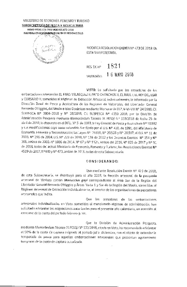 Res. Ex. N° 1821-2018 Res. Ex. N° 473-2018 Distribución de la fracción artesanal de pesquería de merluza común individual en áreas que indica, año 2018. (Publicado en Página Web 16-05-2018)