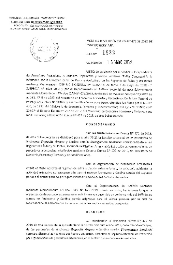 Res. Ex. N° 1822-2018 Modifica Res. Ex. N° 472-2018 Distribución de la fracción artesanal de pesquería de anchoveta y sardina común. (Publicado en Página Web 16-05-2018)