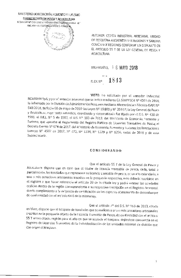 Res. Ex. N° 1843-2018 Autoriza cesión anchoveta Región del Región del Biobío.