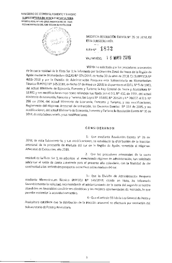 Res. Ex. N° 1832-2018 Modifica Res. Ex. N°35 de 2018, RAE Merluza del sur. (Publicado en Página Web 17-05-2018)