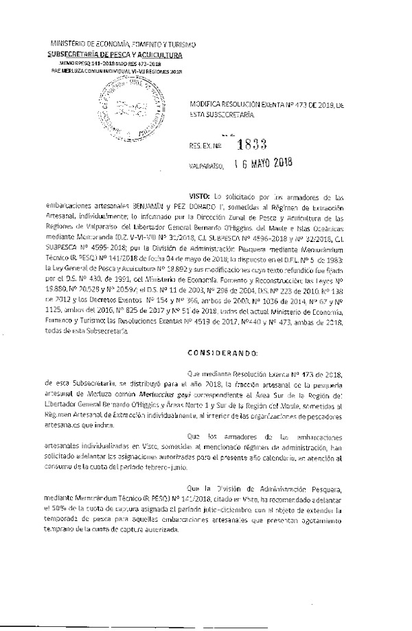 Res. Ex. N° 1833-2018 Res. Ex. N° 473-2018 Distribución de la fracción artesanal de pesquería de merluza común individual en áreas que indica, año 2018. (Publicado en Página Web 17-05-2018)