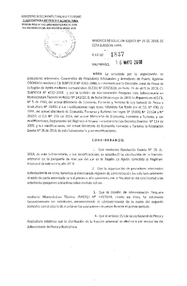 Res. Ex. N° 1837-2018 Modifica Res. Ex. N°35 de 2018, RAE Merluza del sur. (Publicado en Página Web 17-05-2018)