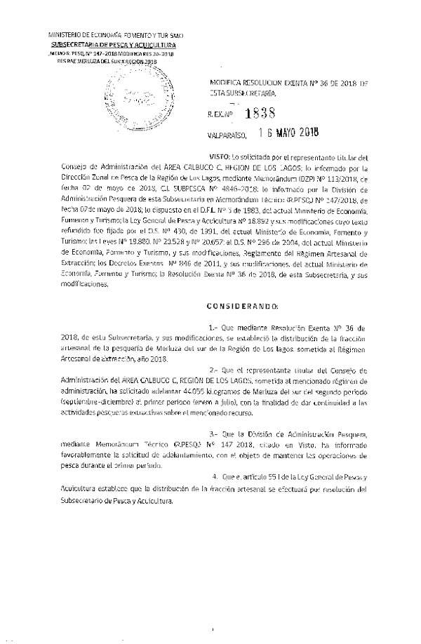 Res. Ex. N° 1838-2018 Modifica Res. Ex. N° 36-2018 Distribución de la Fracción Artesanal de Pesquería de Merluza del Sur, X Región, Año 2018. (Publicado en Página Web 17-05-2018)