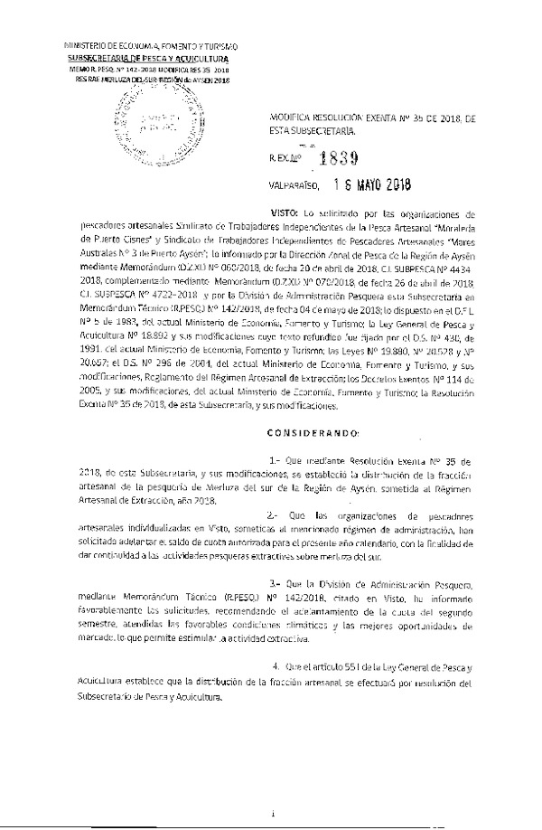 Res. Ex. N° 1839-2018 Modifica Res. Ex. N°35 de 2018, RAE Merluza del sur. (Publicado en Página Web 17-05-2018)