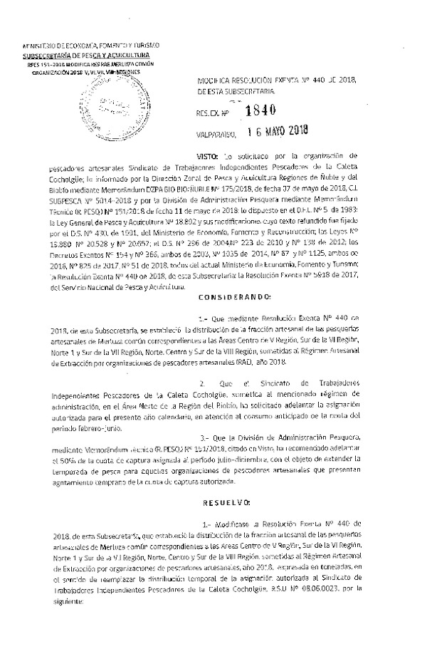 Res. Ex. N° 1840-2018 Modifica Res. Ex. N° 440-2018 Distribución de la fracción artesanal de Pesquería de merluza común por Organización en áreas que indica, año 2018. (Publicado en Página Web 17-05-2018)