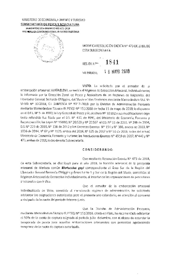 Res. Ex. N° 1841-2018 Res. Ex. N° 473-2018 Distribución de la fracción artesanal de pesquería de merluza común individual en áreas que indica, año 2018. (Publicado en Página Web 17-05-2018)