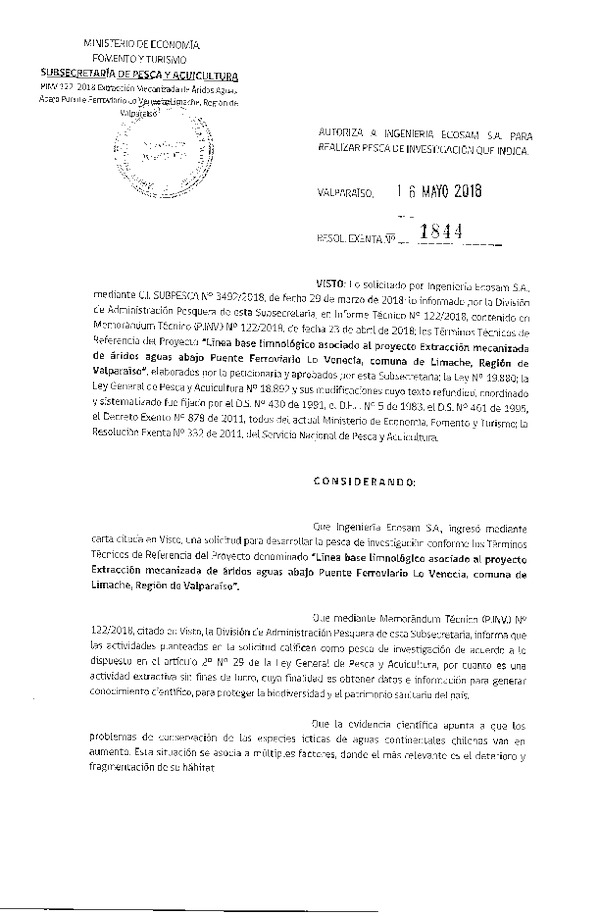 Res. Ex. N° 1844-20018 Línea base limnológico Región de Valparaíso.