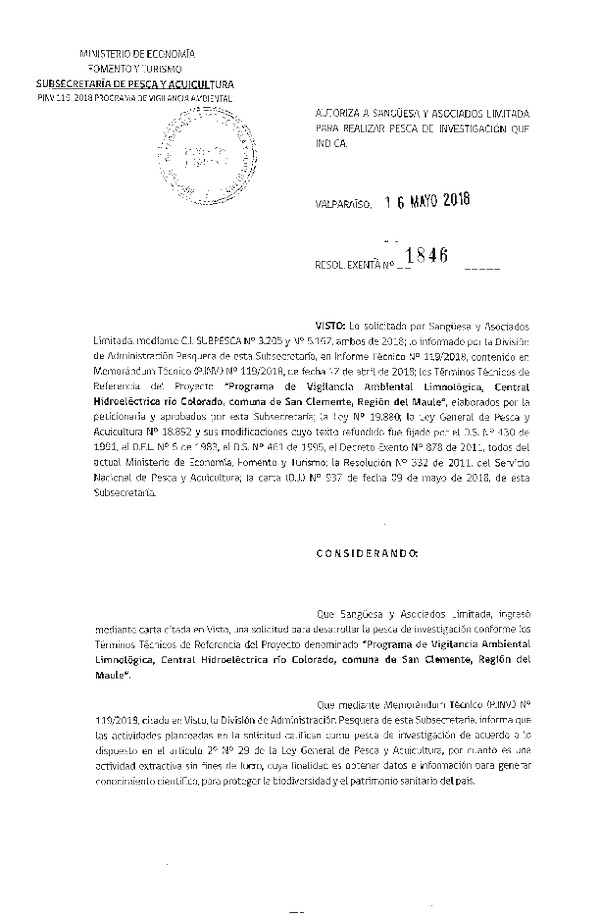 Res. Ex. N° 1846-20018 Programa de vigilancia ambiental limnológica, Región del Maule.