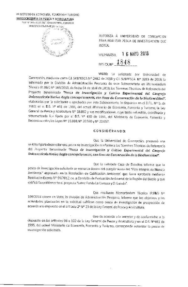 Res. Ex. N° 1848-20018 Pesca de investigación y cultivo experimental del Cangrejo Dulceacuícola Nativo Aegla.