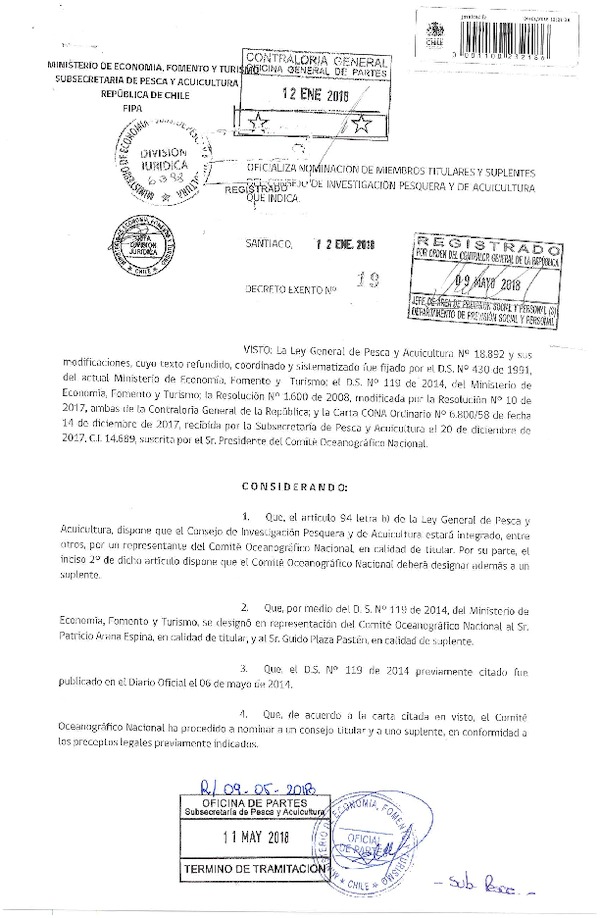 Dec. Ex. N° 19-2018 Oficializa Nominación de Miembros Titulares y Suplentes del Consejo de Investigación Pesquera y de Acuicultura que Indica. (F.D.O. 18-05-2018)