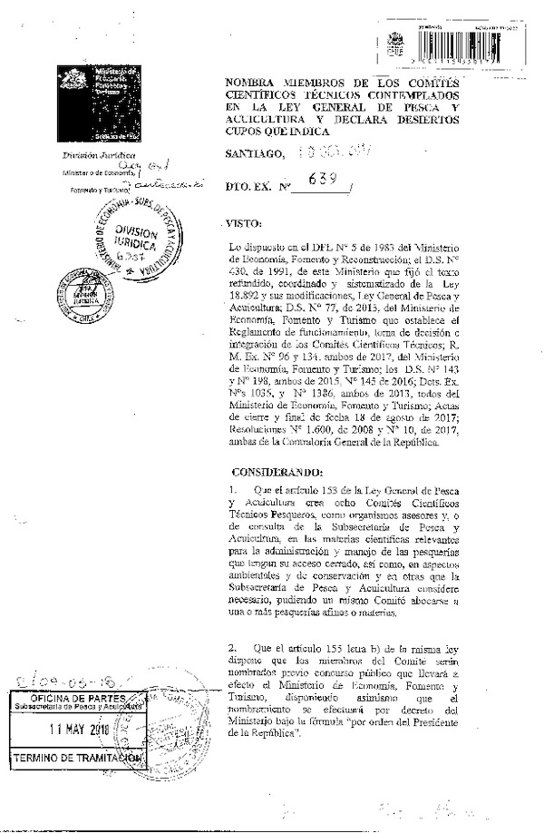 Dec. Ex. N° 639-2017 Nombra Miembros de los Comités Científicos Técnicos Contemplados en la LGPA y Declara Desiertos Cupos que Indica. (F.D.O. 18-05-2018)