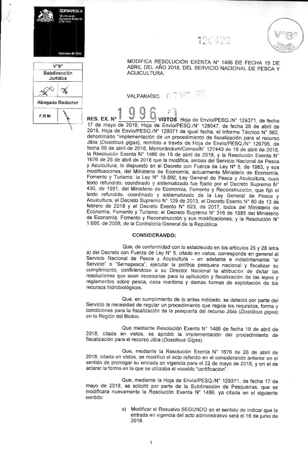 Res. Ex. N° 1996-2018 Modifica Res. Ex. N° 1486-2018 del Servicio Nacional de Pesca que aprobó la implementación del procedimiento de fiscalización para el recurso Jibia (Dosidicus Gigas). (Publicado en Página Web 18-05-2018)