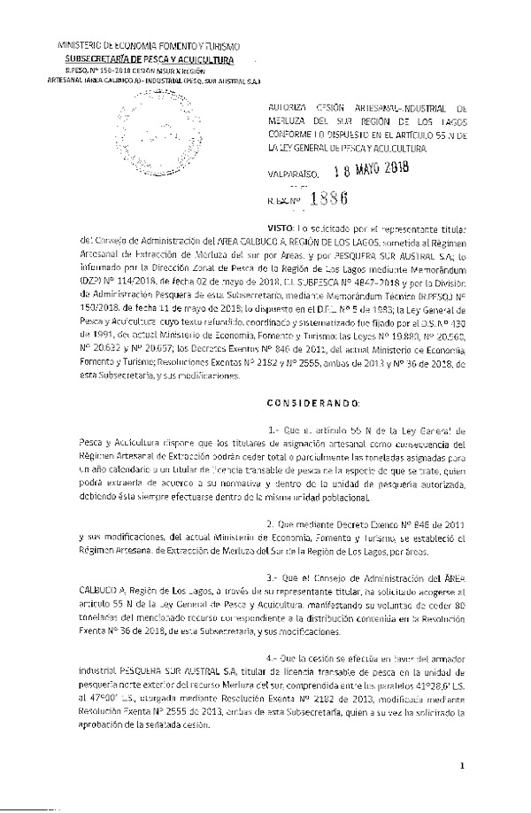 Res. Ex. N° 1886-2018 Cesión Merluza del sur Región de de Los Lagos.