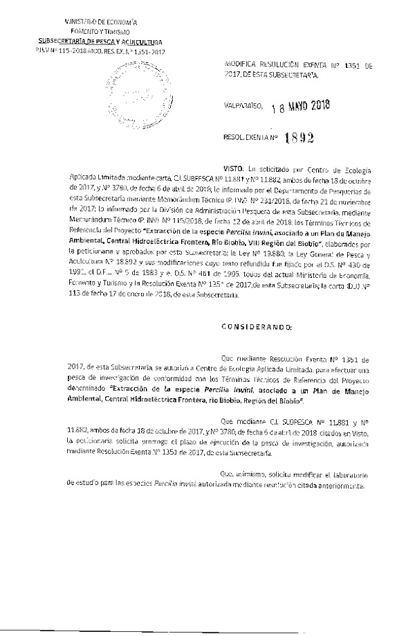 Res. Ex. N° 1892-2018 Modifica Res. Ex. N° 1351-2017 Extracción de la especie Percilia Irwini, río Biobío, VIII Región.