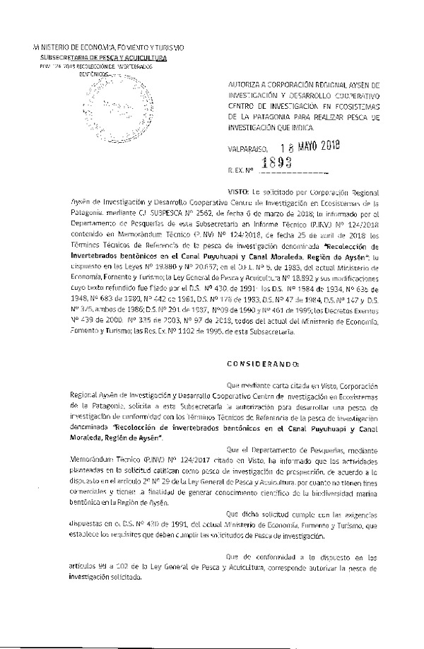 Res. Ex. N° 1893-2018 Recolección de invertebrados bentónicos, Región de Aysén.