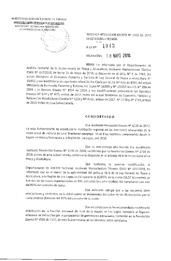 Res. Ex. N° 1943-2018 Modifica Res. Ex. N° 4502-2017 Distribución de la fracción artesanal anchoveta, sardina común y jurel, X Región, año 2018. (F.D.O. 29-05-2018)