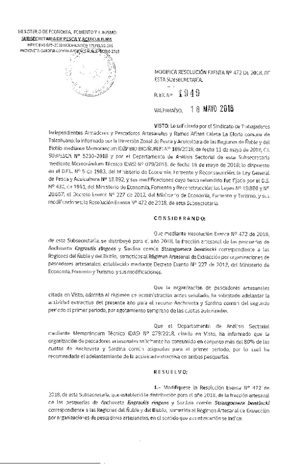 Res. Ex. N° 1949-2018 Modifica Res. Ex. N° 472-2018 Distribución de la fracción artesanal de pesquería de anchoveta y sardina común. (Publicado en Página Web 22-05-2018)