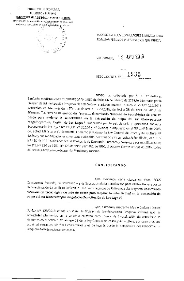 Res. Ex. N° 1935-2018 Innovación técnológica de arte de pesca, Región de Los Lagos.