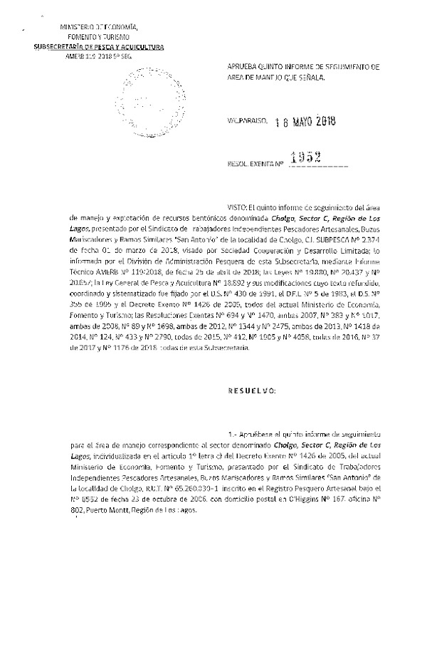 Res. Ex. N° 1952-2018 5° Seguimiento.