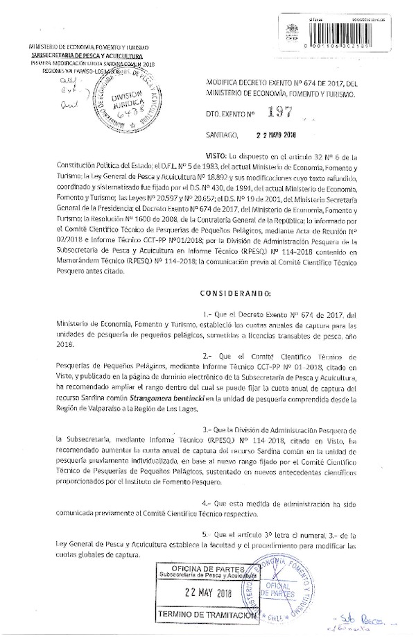 Dec. Ex. N° 197-2017 Modifica Dec. Ex. N° 674-2017 Establece Cuotas Anuales de Captura Unidades de Pesquerías de Recursos Pelágicos Pequeños que Indica, Sometidas a LTP Año 2018. (Publicado en Página Web 23-05-2018) (F.D.O. 26-05-2018)