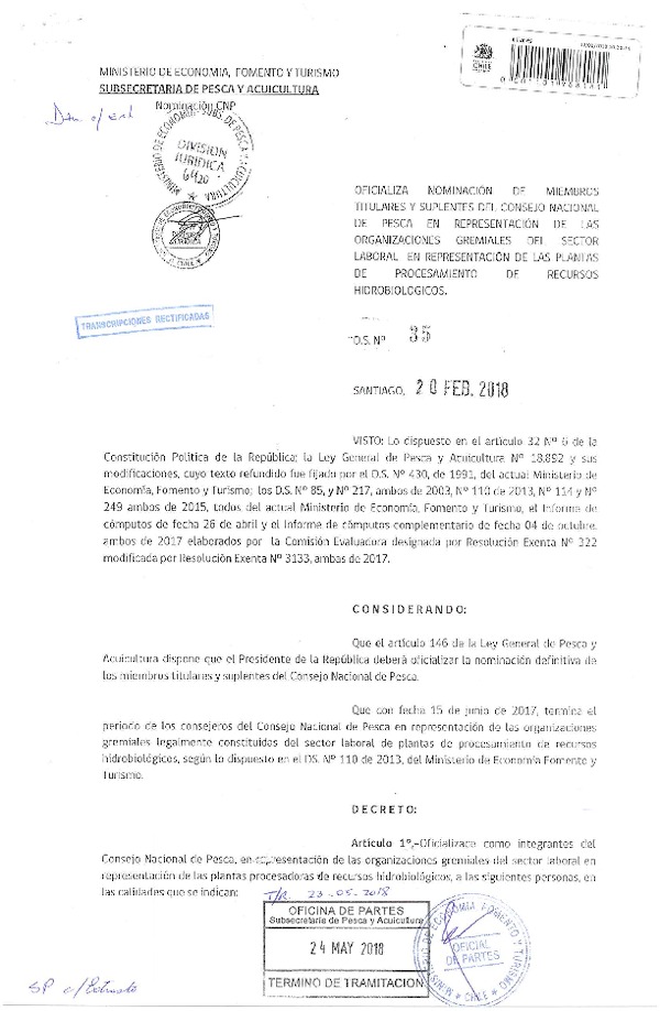 D.S. N° 35-2018 Oficializa Nominación de Miembros Titulares y Suplentes del CNP, en Representación de las Organizaciones Gremiales del Sector Laboral en representación de las Plantas de Procesamiento. (Publicado en Página web 25-05-2018) (F.D.O. 29-05-2018)