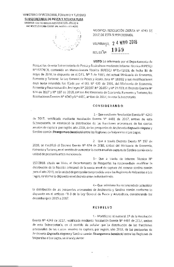 Res. Ex. N° 1959-2018 Modifica Res. Ex. N° 4243-2017 Establece Distribución de las Fracciones Artesanales de Anchoveta y Sardina Común V-X Regiones, por Región, Año 2018. (Publicado en Página Web 25-05-2018)(F.D.O. 31-05-2018)