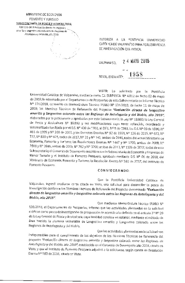 Res. Ex. N° 1958-2018 Evaluación directa de langostino amarillo y langostino colorado, entre las Regiones de Antofagasta y del Biobío.