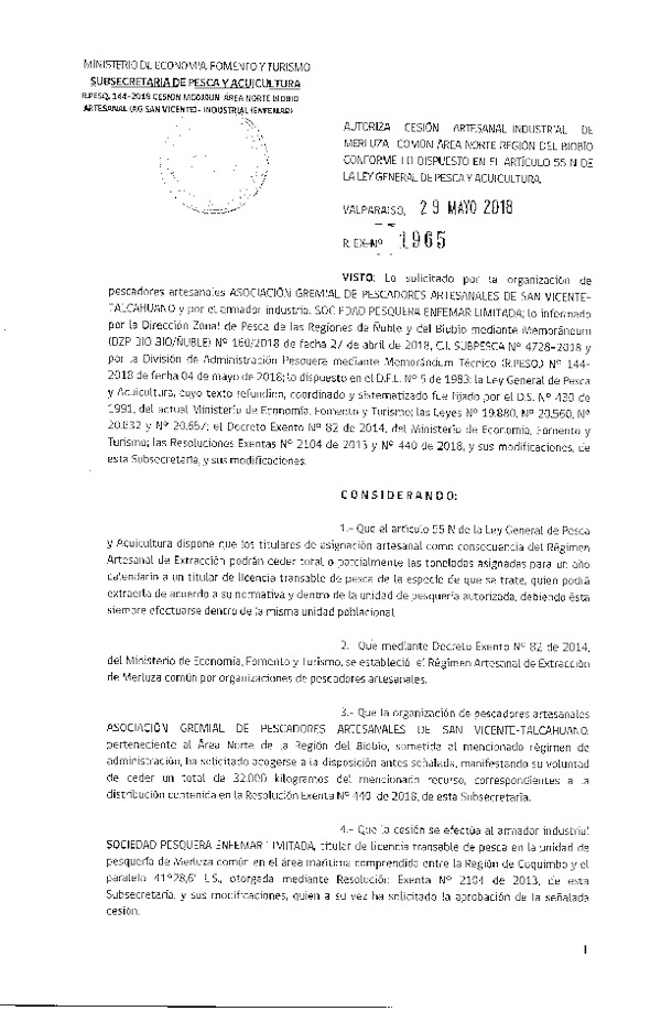 Res. Ex. N° 1965-2018 Autoriza cesión Merluza común área norte, Región del Biobío.