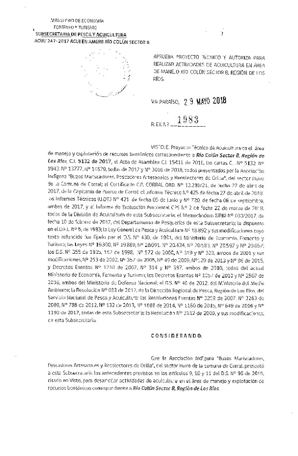 Res. Ex. N° 1983-2018 Aprueba proyecto técnico para realizar actividades de acuicultura en área de manejo Río Colún Sector B, Región de Los Ríos. (Publicado en Página Web 30-05-2018)